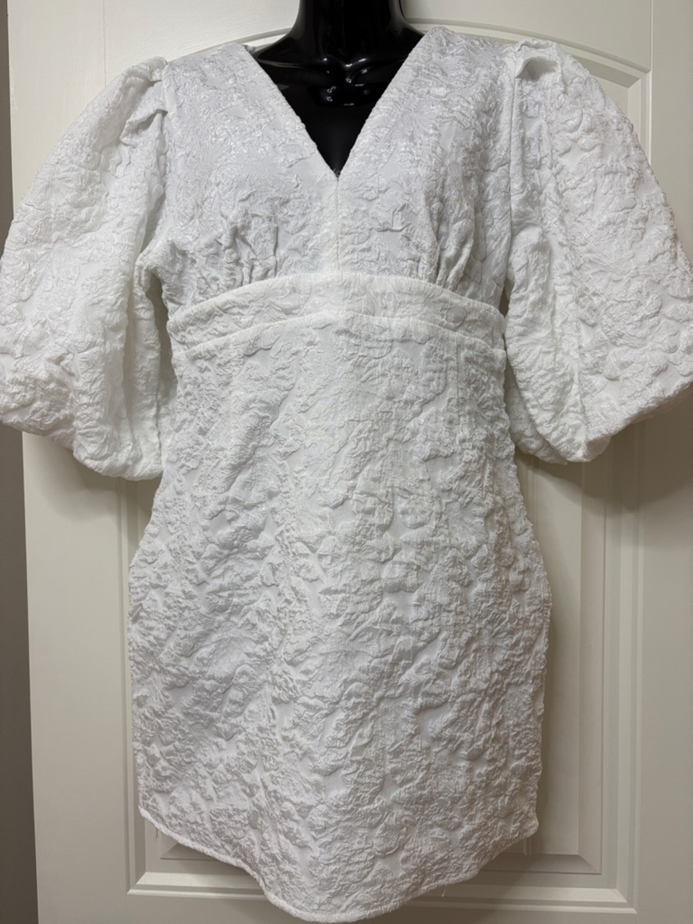 Showpo White Textured Mini Dress with Puff Sleeves